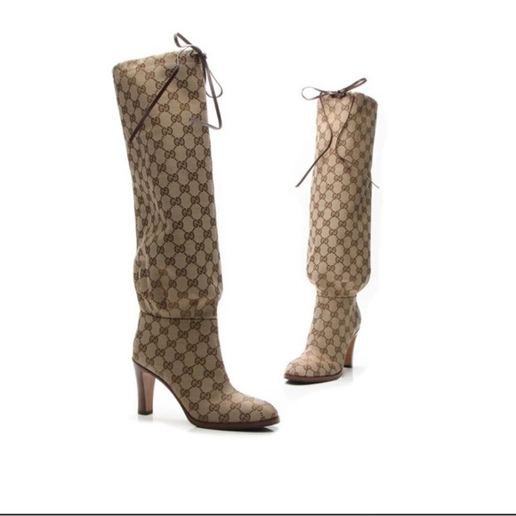 Gucci monogram Malaga canvas knee high boots sz 35.5 - Picture 8 of 9
